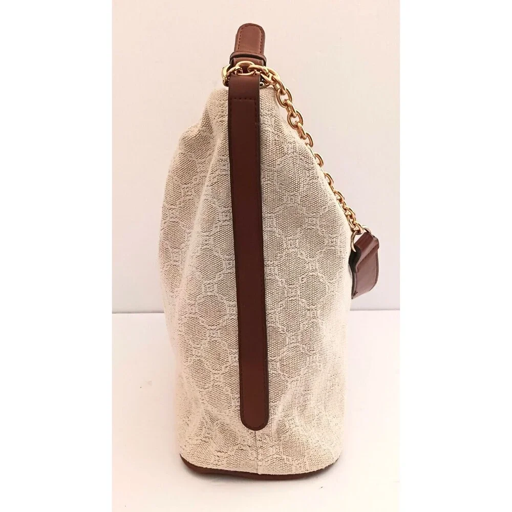 MNG Mango Cream Woven Jacquard Hobo Bag Brown Vegan Leather Double Straps